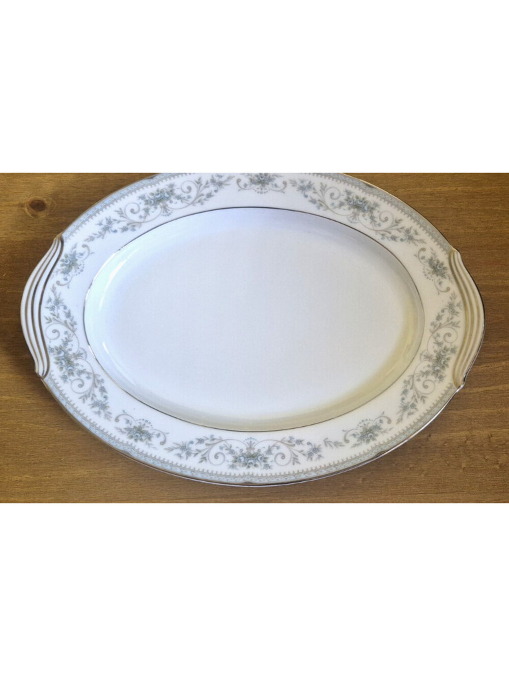Oval 11.5" Noritake Colburn Blue floral & Silver Serving Platter Plate ~ Japan